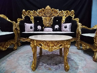 BLACK & GOLD ROYAL 7 SEATERS SOFA WITH ROUND WHITE MARBLE TOP CENTER TABLE & 2 SIDE STOOLS (BENFU)