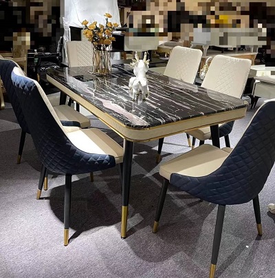 BLACK & CREAM RECTANGULAR MARBLE TOP DINING TABLE & 6 BLACK & CREAM CHAIRS (NAFU)