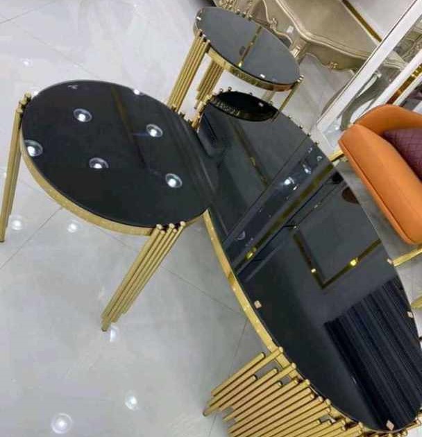 1 PC OF BLACK ROUND GLASS TOP CENTER TABLE & 2 SIDE STOOLS WITH GOLDEN LEGS (NWAFU) 1 PC OF BLACK ROUND GLASS TOP CENTER TABLE & 2 SIDE STOOLS WITH GOLDEN LEGS (NWAFU)