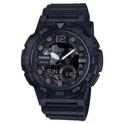 CASIO AEQ100W-1BV MEN’S ANALOG DIGITAL METALLIC 3D DIAL BLACK RESIN WATCH