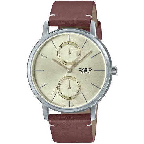 CASIO MTP-B310L-9AVDF MEN’S CHAMPAGNE GOLD DIAL BROWN LEATHER WATCH - deluxe.com.ng