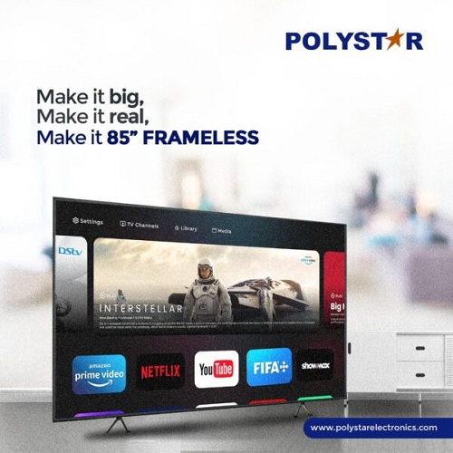 POLYSTAR 85” SMART LED ULTRA HD 4K TV WITH NETFLIX,FRAMELESS | PV-HK85FLSM3 - deluxe.com.ng