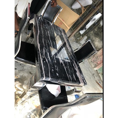 BLACK & WHITE STRIPE MARBLE TOP TABLE WITH SILVER LEGS AND 6 BLACK DINING CHAIRS (YOFU) BLACK & WHITE STRIPE MARBLE TOP TABLE WITH SILVER LEGS AND 6 BLACK DINING CHAIRS (YOFU)