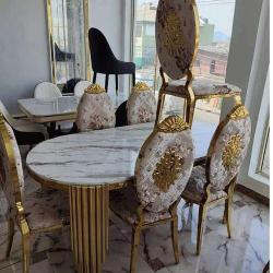 QUALITY DESIGNED WHITE & GOLD MARBLE TOP DINING BY 6 CHAIRS - AVAILABLE (JAFU) QUALITY DESIGNED WHITE & GOLD MARBLE TOP DINING BY 6 CHAIRS - AVAILABLE (JAFU) - deluxe.com.ng