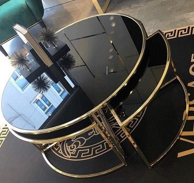 1 BLACK ROUND GLASS CENTER TABLE WITH GOLDEN BASE & 3 SIDE STOOLS (NWAFU) 1 BLACK ROUND GLASS CENTER TABLE WITH GOLDEN BASE & 3 SIDE STOOLS (NWAFU)