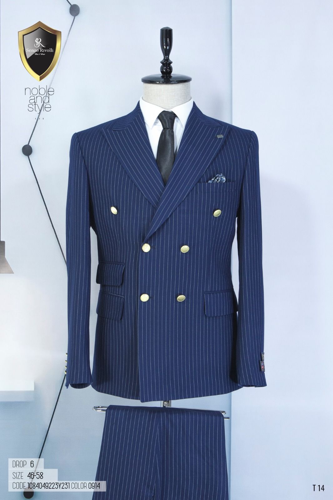 EXECUTIVE NAVY BLUE AND LIGHT BROWN STRIPPED BREASTED TURKEY SUIT WITH GOLDEN BUTTON-deluxe.com.ng