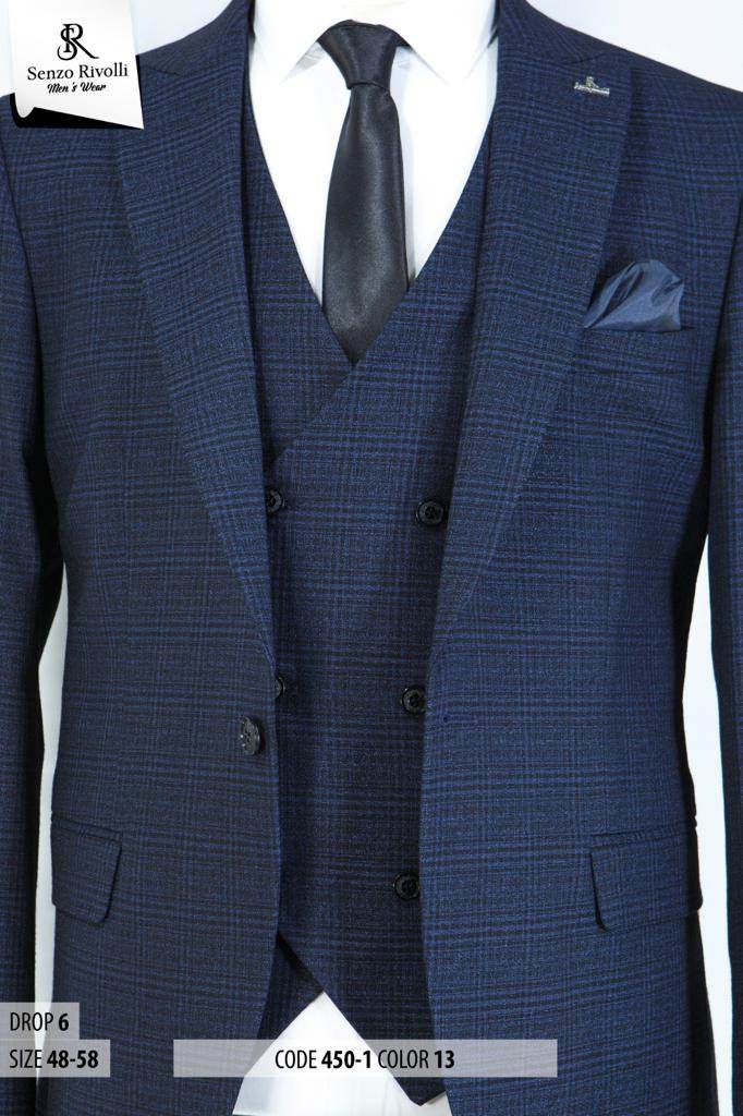 EXECUTIVE NAVY BLUE STRIPPED 3 PIECE TURKEY SUIT WITH BLACK BUTTON-deluxe.com.ng