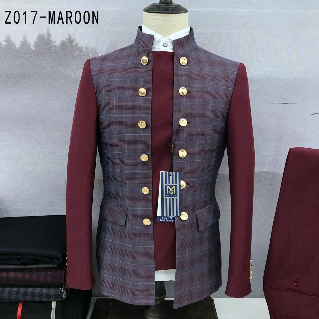 MAROON AND GREY STRIPPED MANAGERS SUIT WITH 12 GOLDEN BUTTONS-deluxe.com.ng