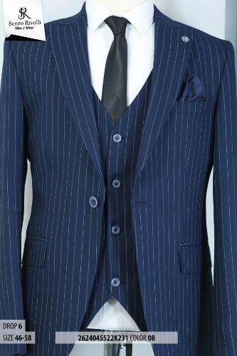   EXQUISITE NAVY BLUE STRIPPED THREE PIECES TURKEY SUIT WITH ONE BUTTON | AVAILABLE IN ALL SIZES (SWNL) (N) - deluxe.com.ng