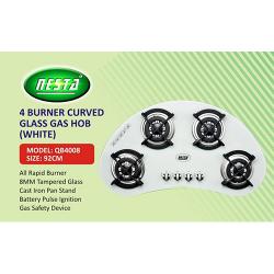 NESTA 92CM 4 BURNER CURVED GLASS GAS HOB |QB4008|(WHITE)