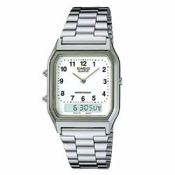 CASIO AQ-230A-7BMQ MEN’S SMALL WHITE DIAL ANA-DIGI SILVER BRACELET WATCH - deluxe.com.ng