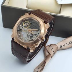 BVLGARI EXQUISITE DARK BROWN LEATHER STRAP WRISTWATCH WITH TRANSPARENT SCREEN & BRONZE FRAME