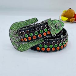 EXQUISITE BLACK LEATHER BELT WITH BLACK, GREEN & ORANGE SHINY STONES