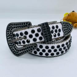 EXQUISITE WHITE LEATHER BELT WITH GREY & BLACK SHINY STONES