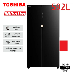 TOSHIBA REFRIGERATOR | 592 LITRE, SIDE BY SIDE, ORIGIN INVERTER NO FROST, BLACK GLASS - GR-RS780WE-PGF - deluxe.com.ng