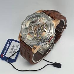 HANBORO ELEGANT BROWN LEATHER STRAP WRISTWATCH WITH SILVER & BRONZE DESIGNED SCREEN