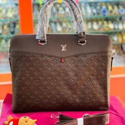 LOUIS VUITTON ELEGANT CHOCOLATE BROWN LEATHER LAPTOP BAG WITH SHORT & LONG HANDLE