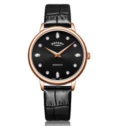 ROTARY LS05174/04 WOMEN’S KENSINGTON ROSE GOLD SWAROVSKI CRYSTALS BLACK DIAL WATCH