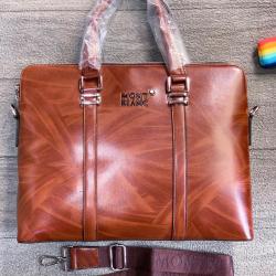 MONT BLANC ELEGANT BROWN LEATHER LAPTOP BAG WITH LONG & SHORT HANDLE FOR MEN