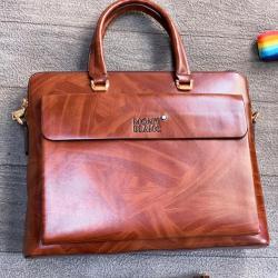 MONT BLANC ELEGANT BROWN LEATHER LAPTOP BAG WITH SHORT & LONG HANDLE & SIDE CARRIER