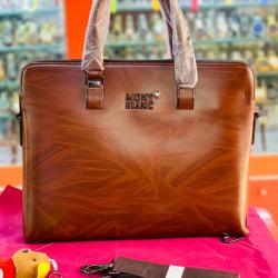 MONT BLANC ELEGANT BROWN LEATHER LAPTOP BAG WITH LONG & SHORT HANDLE