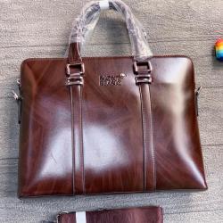 MONT BLANC ELEGANT DARK BROWN LEATHER LAPTOP BAG WITH SHORT & LONG HANDLE