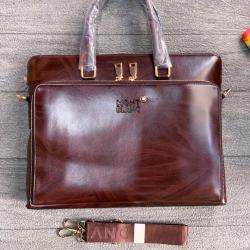 MONT BLANC ELEGANT DARK BROWN LEATHER LAPTOP BAG WITH SHORT & LONG HANDLE