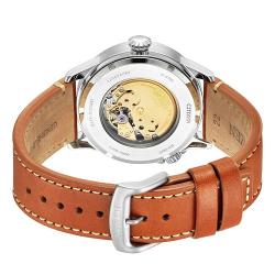 CITIZEN NJ0140-25L MEN’S AUTOMATIC BLUE DIAL BROWN LEATHER WATCH - deluxe.com.ng