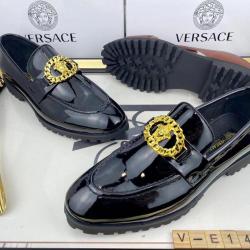 VERSACE DESIGNER'S BLACK SHINY LEATHER SHOE WITH GOLDEN PENDANT