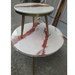 QUALITY DESIGNED WHITE & BROWN MARBLE TOP CENTER TABLE WITH 3 LEGS SIDE STOOLS - (JAFU) - deluxe.com.ng