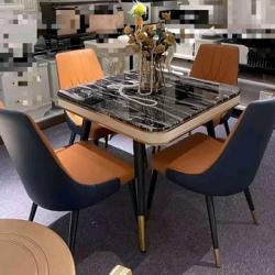 BLACK & CREAM SQUARE DINING TABLE WITH 4 BLACK & ORANGE CHAIRS (NAFU)