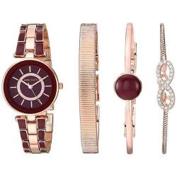 ANNE KLEIN AK/3286BYST WOMEN’S SWAROVSKI CRYSTAL ACCENTED ROSE GOLD-TONE BURGUNDY WATCH BRACELET SET