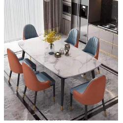 QUALITY DESIGNED ROYAL WHITE MARBLE &  GREY/ORANGE  DINING TABLE WITH 6 CHAIRS - AVAILABLE (OKAF)