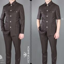 EXECUTIVE BROWN LONGSLEEVE AND SHORTSLEEVE SUIT WITH COLLAR AND GOLDEN BUTTON-deluxe.com.ng