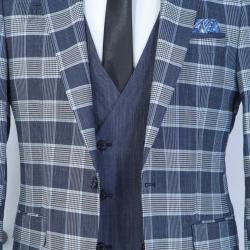 EXECUTIVE LIGHT GREY AND NAVY BLUE 3 PIECE TURKEY CHEKERS SUIT-deluxe.com.ng