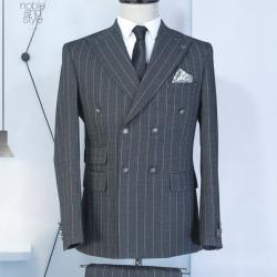 EXECUTIVE LIGHT GREY STRIPPED BREASTED TURKEY SUIT WITH GOLDEN BUTTON-deluxe.com.ng