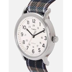  TIMEX T2R514 UNISEX WEEKENDER OFF WHITE DIAL PLAID SLIP-THRU FABRIC STRAP WATCH